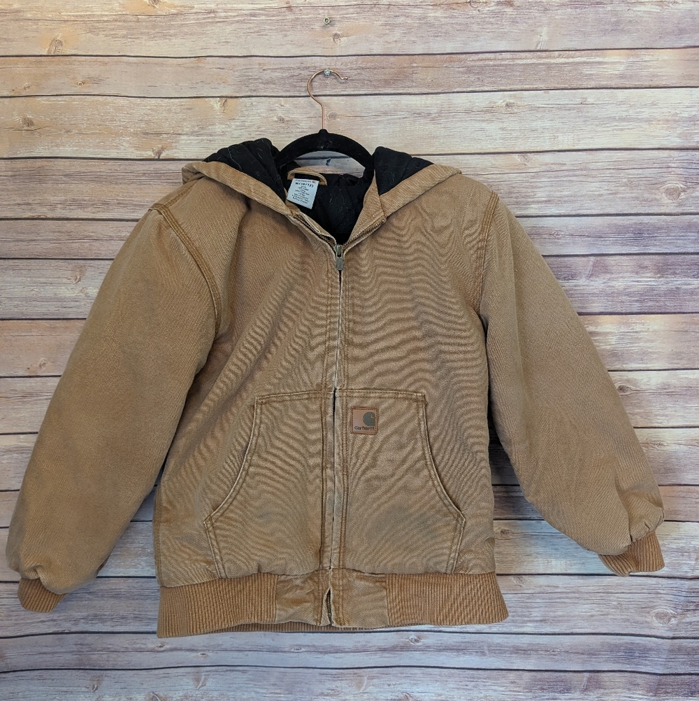 Carhartt Kids 10/12 Brown Hooded Zip Jacket | Youth Insulated Canvas Coat